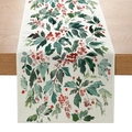 Runner da tavola in poliestere con bacche rosse acquerellate e foglie su legno - Stile Foglie di Bacche ad Acquerello (ZQ030-2)