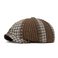 Retro newsboy hat with brown stripes and blue-yellow plaid patchwork design - Coffee