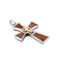 Colgante de cruz clásica de acero plateado con incrustación de madera marrón y oro fino - Cruz con Incrustaciones de Madera Color Acero (KP93475-KLX)
