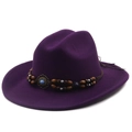 Detail of wool felt fedora featuring woven band with turquoise metal flower buckle - M (56-58cm) / Deep purple