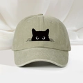 Casquette de baseball rétro en coton délavé avec motif chat et sangle réglable - Khaki Clair