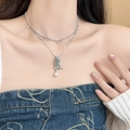 Close-up of a silver double-layer necklace with a butterfly pendant and pearl tassel detail - 20# Butterfly Teardrop Pearl Zircon Necklace