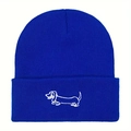 Bonnet en maille bleu roi avec broderie de teckel blanc sur le revers de ce bonnet d'hiver - Taille unique / Bleu royal