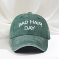 Washed green cotton baseball cap with white 3D BAD HAIR DAY embroidery on white silk background - Dark Green