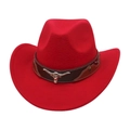 Close-up of red felt cowboy hat with leather band and silver bull head metal buckle - Red (With Bull Head)