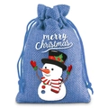 Close-up of blue linen Christmas drawstring bag with snowman and Merry Christmas print - Linen Christmas Style 07; 9*12cm