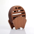 Round dark ebony wood coasters set with hollow geometric patterns and a wooden holder - Ebony Fan Shape Type A Mat Set (4 Pcs) With Base