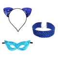 Set costume da gatta in 3 pezzi con paillettes blu, orecchie, girocollo e maschera - Fascia + Maschera + Choker / Blu