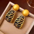 Vintage gold stud earrings with tiger print enamel pendant in elegant retro style - Silver Earring Post Irregular Enamel Round Earrings