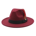 Close-up of burgundy wool felt fedora featuring a black ribbon and colorful feather accent - M (56-58cm) / Burgundy