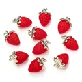 Set of 10 red strawberry charms with gold leaves for DIY jewelry and crafts making - Matte Red