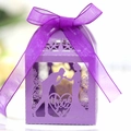 Purple laser-cut wedding favor box with romantic silhouette and matching ribbon - Dark Purple