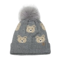 Close-up of grey knit baby hat showing beige bear pattern and fluffy pom-pom detail - M (52-54cm) / Gray