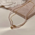 Collana a doppio strato in oro con perle rosa e ciondolo a cuore irregolare - 10# Collana-Oro Fiore Traforato Doppio Strato (HN2476)