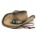 Western style straw cowboy hat with turquoise ethnic beads and chin strap on white background - Brown Tan (10#)