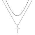Men's double layer stainless steel necklace with rope chain and cross pendant on box chain - Double Layer / Steel