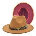 Two-tone wool fedora with camel exterior, burgundy interior and snakeskin leather belt detail - M (56-58cm) / Camel and Wine Red