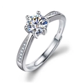 Adjustable S925 silver moissanite ring with six-claw setting and small side stones - Adjustable Open / Elegant 6-Prong 1ct
