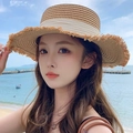 Summer straw sun hat in wood brown with cream ribbon and frayed brim for beach vacation - Flat Top Hemp Ribbon Khaki Beige