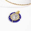 Two-tone St. Benedict medal pendant with blue faceted beads and detailed engraving - Dark Blue