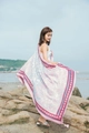 Ethnic bohemian beach shawl in pink and blue floral print with decorative corner tassels - Pink White Blue Floral Geometric Tassel Style / Rouge Red / 180cm