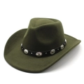 Macro shot of dark olive wool felt fedora with black leather belt and silver metal studs - Army Green / M (56-58cm)