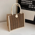 Linen tote bag with brown vertical stripes and thick white cotton rope handles - Brown Button Style