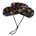 Western zonnehoed met brede rand, kleurrijke geometrische prints en kinbandje - Eén maat / Zwart Geometrisch Patroon