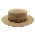 Chapeau de paille estival avec ruban à rivets et bord plat pour protection solaire chic - M (56-58cm) / Kaki