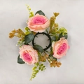 Pink rose candle ring wreath with green leaves for wedding and home tabletop decor - Pink