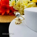 Golden monstera leaf open ring with a grey shell pearl on a bright modern background - Silver Gray Pearl Style (HEX1037-11)