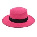 Close-up of fuchsia boater straw hat with black grosgrain ribbon and fine texture - M (56-58cm) / Rose Red