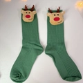 Green knit Christmas socks with 3D reindeer doll and cozy ribbed texture for winter holidays - Standard Polybag / Forest Green (Reindeer)