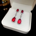 Silver plated earrings with red water drop zircon stone in white jewelry box - 35# Silver-Red-Water Drop Style (925 Sterling Silver Earring Post)