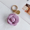 Detail of purple leather camellia flower keychain with golden coin charm and ring - Light Purple