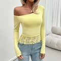 Slim fit yellow long sleeve top with asymmetric shoulder and lace patchwork detail - S / Light Yellow