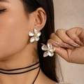 Eleganti orecchini a fiore 3D in argento con centro dorato per un look davvero minimalista - Fiore Opaco a Cinque Petali / Argento Opaco
