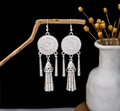 Bohemian silver ethnic style long tassel leaf earrings for women with hook design - Silver Carved Bell Strip Tassel Style (E2872-12)