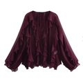 Detail of layered ruffles on dark purple chiffon blouse with buttons and long sleeves - XS / Reddish Brown