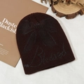 Korean style slouchy knit beanie for autumn and winter with bow and letter pattern - Coffee