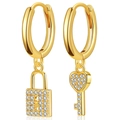 18K gold plated asymmetric earrings with lock and key pendants and white cubic zirconia - Gold