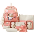 Pink and beige 5-piece nylon student backpack set with cute badges and plush charms - Without Bear Pendant / 2029 Pink