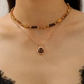 Vintage tiger eye beaded double-layer necklace set with a round gold pendant for women - Layered Necklace Style