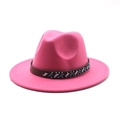 Detail of deep pink wool felt jazz hat featuring an ethnic beaded band and wide brim - Rose Red