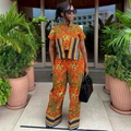 Women's 2-piece set with orange abstract print t-shirt and high waist wide leg pants - XL / Orange