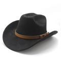Classic black faux suede cowboy hat with brown leather band and wide curved brim - M(56-59CM) / Black (Suede)