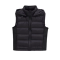 Sleeveless hooded puffer vest in black with contrast panels and front zipper closure - XS / Black
