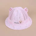 Detailed view of pink mesh baby bucket hat featuring bear ears and cute embroidery - 44cm / Pink