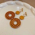 Retro geometric orange wooden drop earrings with sunburst pattern and gold screw clips - 56# Ear Clip - Gold Red Brown Wooden Hollow Round