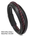 Pulsera de cuero trenzado multicapa negra y roja con cierre magnético de aleación mate negro - 20.5CM/Cierre Magnético / Negro Rojo